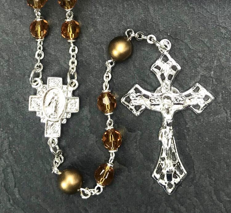 6mm TOPAZ TIN CUT WITH PEARL OUR FATHER BEADS WITH STERLING SILVER PLATE ROSARY BOXED