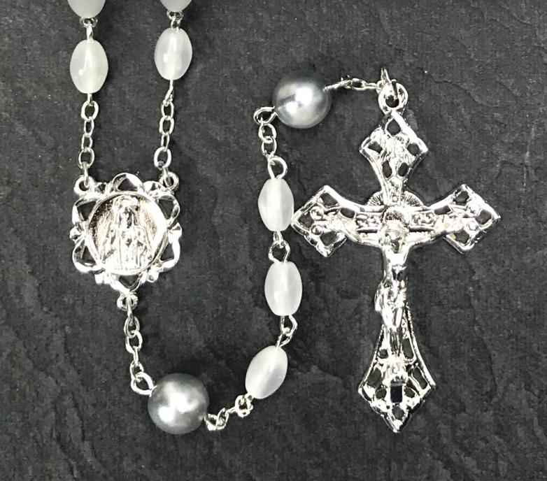 6x8mm PEARL WITH SILVER O.F. BEADS STERLING SILVER PLATE ROSARY BOXED