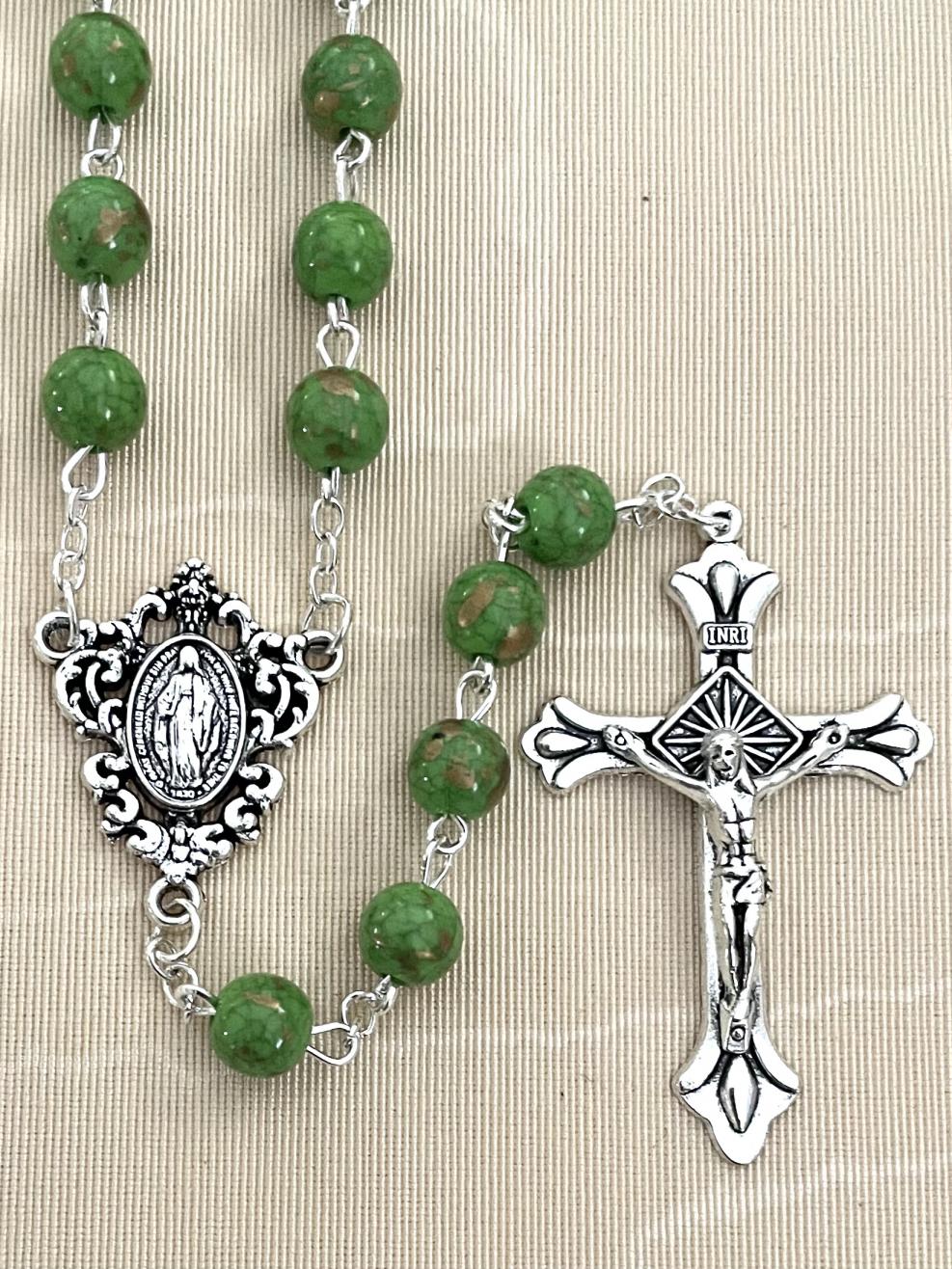 8MM EMERALD SPECKLED ROSARY WITH SILVER OXIDIZED CRUCIFIX AND CENTERPIECE.