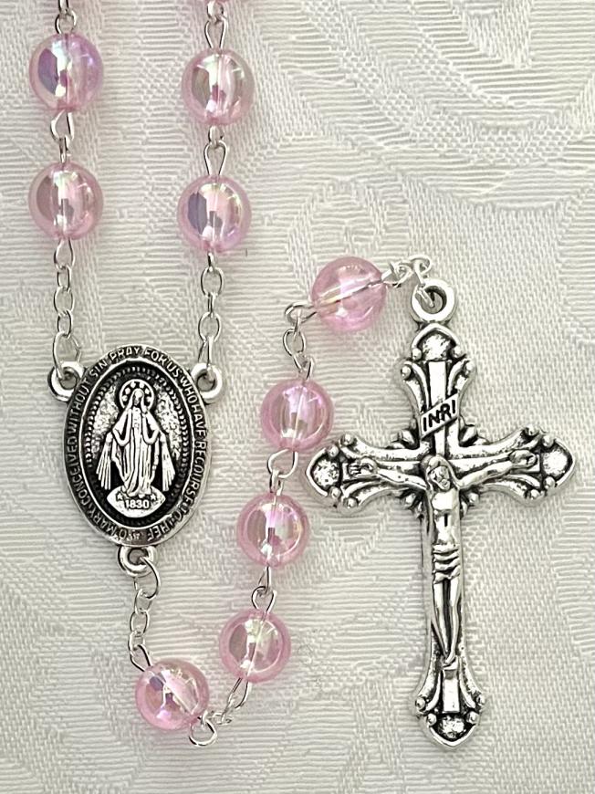 8mm PINK AB ROSARY SILVER OXIDIZED CRUCIFIX AND CENTER