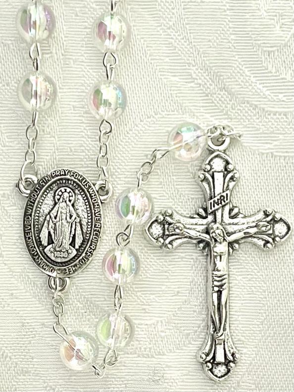 8mm CRYSTAL  AB ROSARY SILVER OXIDIZED CRUCIFIX AND CENTER
