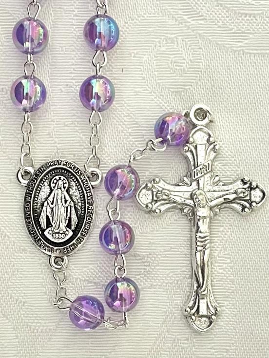 8mm AMETHYST AB ROSARY SILVER OXIDIZED CRUCIFIX AND CENTER