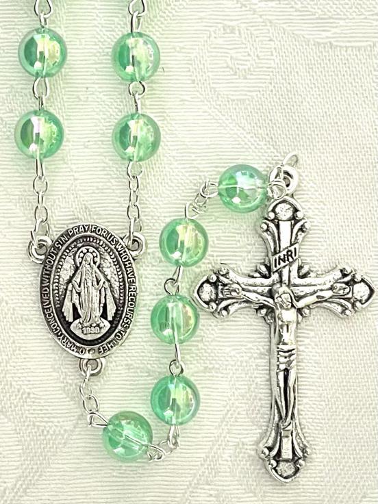 8mm EMERALD AB ROSARY SILVER OXIDIZED CRUCIFIX AND CENTER