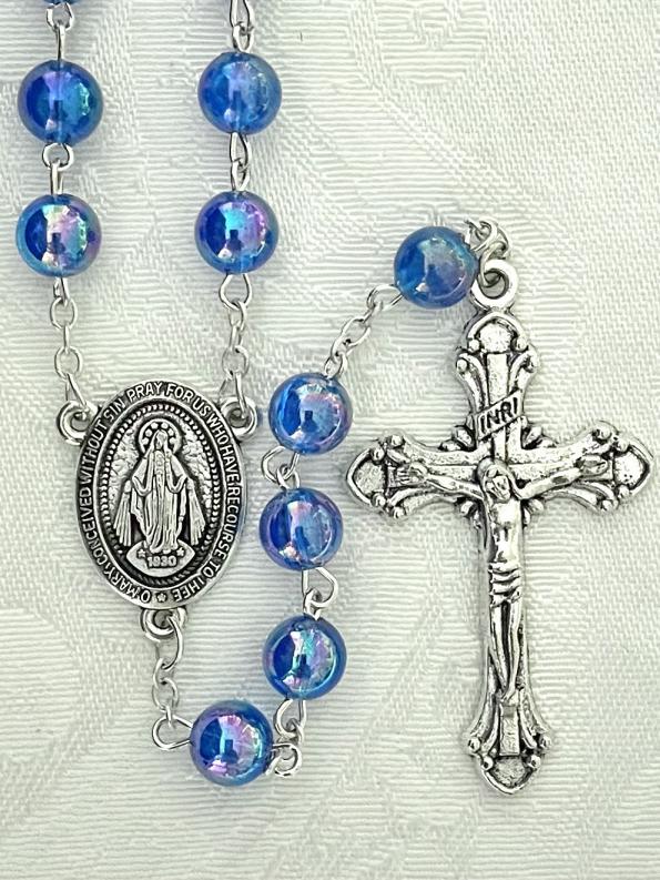 8mm DARK SAPPHIRE AB ROSARY SILVER OXIDIZED CRUCIFIX AND CENTER