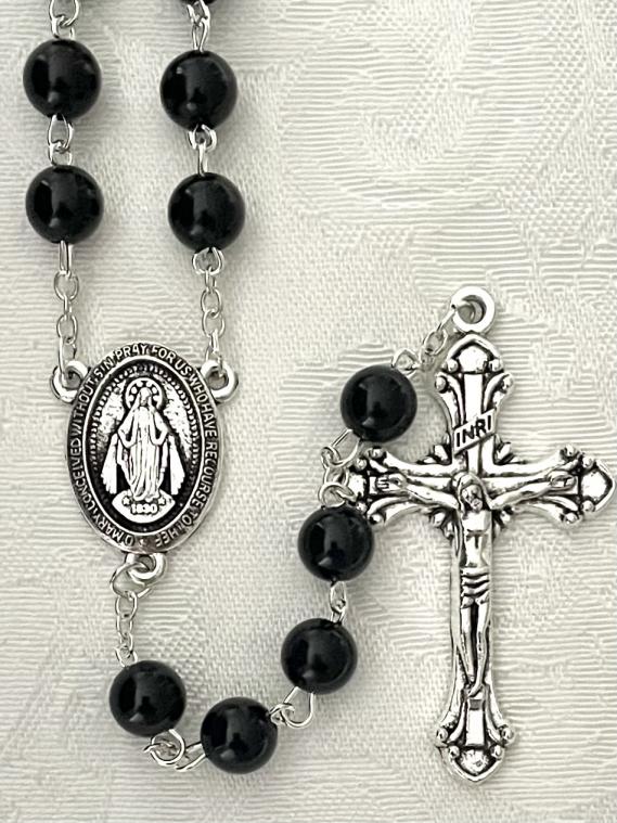 8mm BLACK ROSARY SILVER OXIDIZED CRUCIFIX AND CENTER