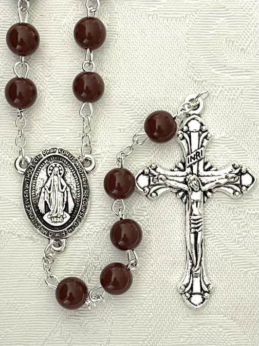 8mm BROWN ROSARY SILVER OXIDIZED CRUCIFIX AND CENTER
