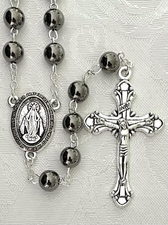 8mm HEMATITE ROSARY SILVER OXIDIZED CRUCIFIX AND CENTER