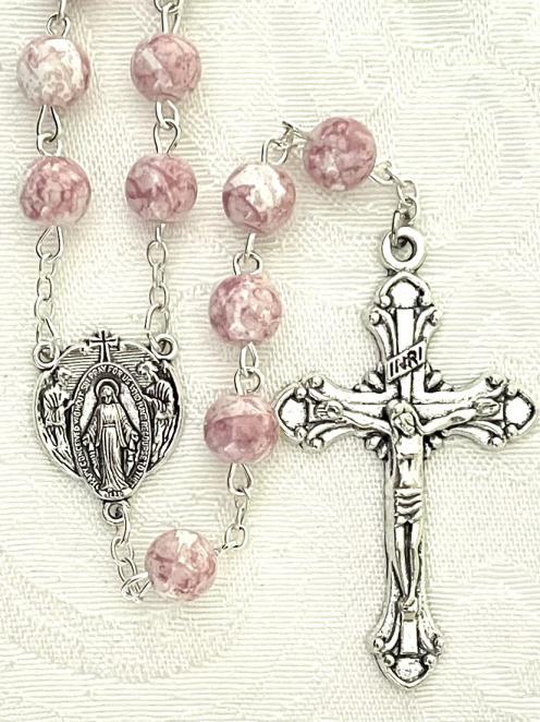 8mm PINK MARBLE ROSARY. GIFT BOXED 8mm PINK MARBLE ROSARY. GIFT BOXED