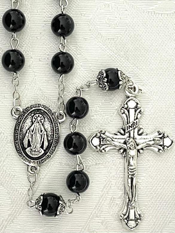 8mm BLACK ONYX ROSARY WITH DOUBLE CAPPED O.F. BEADS. GIFT BOXED 8mm BLACK ONYX ROSARY WITH DOUBLE CAPPED O.F. BEADS. GIFT BOXED