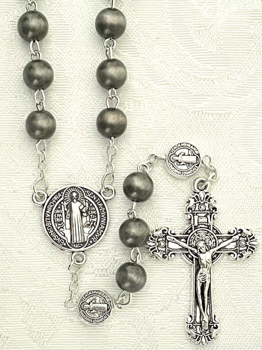 8mm GREY CAT'S EYE ST. BENEDICT ROSARY WITH SILVER O.F. BEADS. GIFT BOXED 8mm GREY CAT'S EYE ST. BENEDICT ROSARY WITH SILVER O.F. BEADS. GIFT BOXED