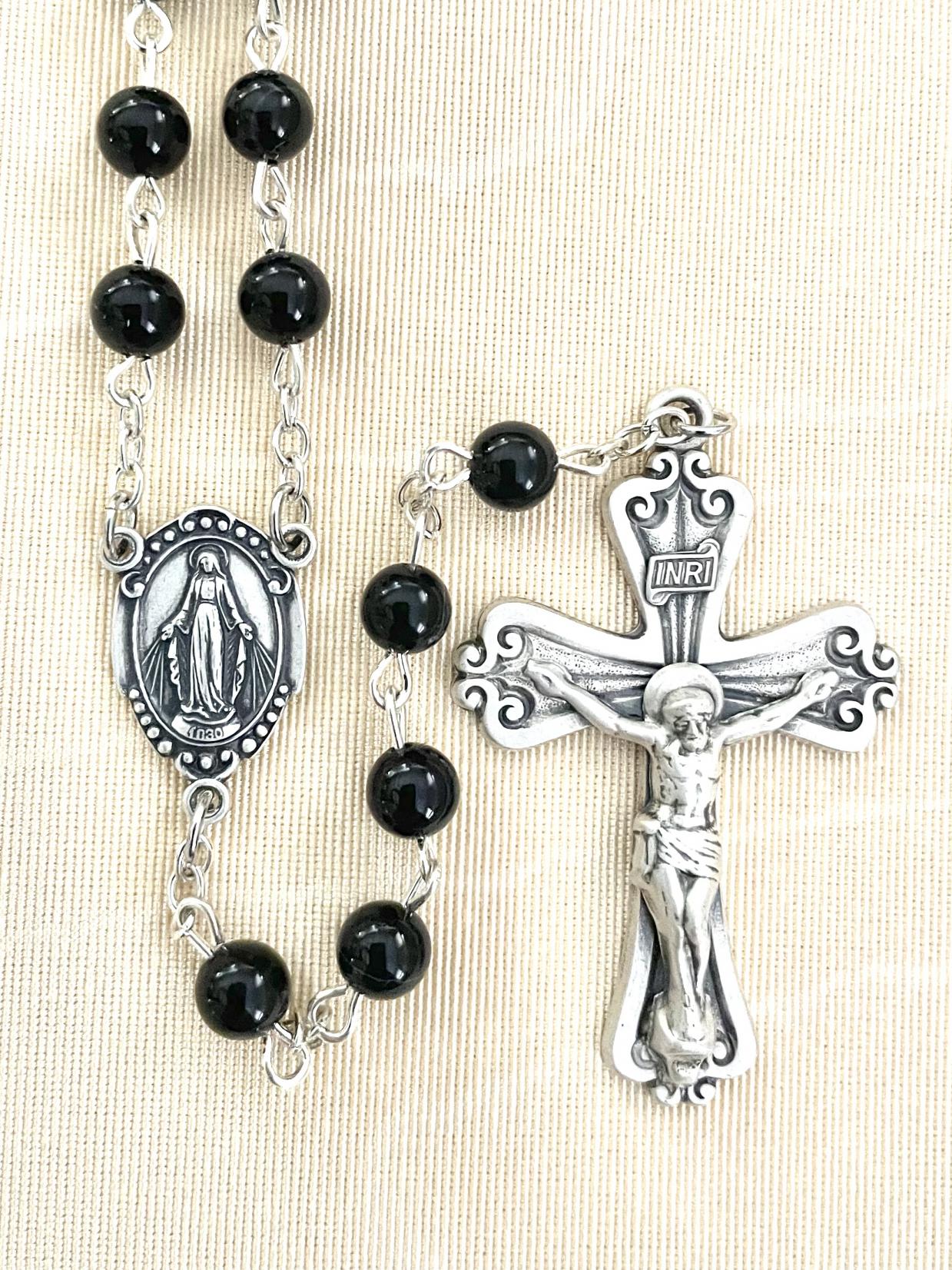 6mm ONYX GEMSTONE ROSARY WITH STERLING SILVER CRUCIFIX & CENTER, GIFT BOXED