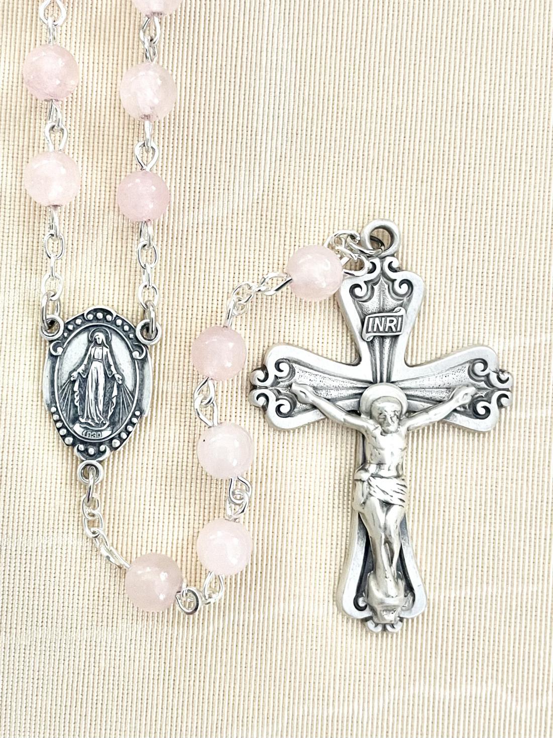 6mm ROSE QUARTZ GEMSTONE ROSARY WITH STRERLING SILVER CRUCIFIX AND CENTER, GIFT BOXED