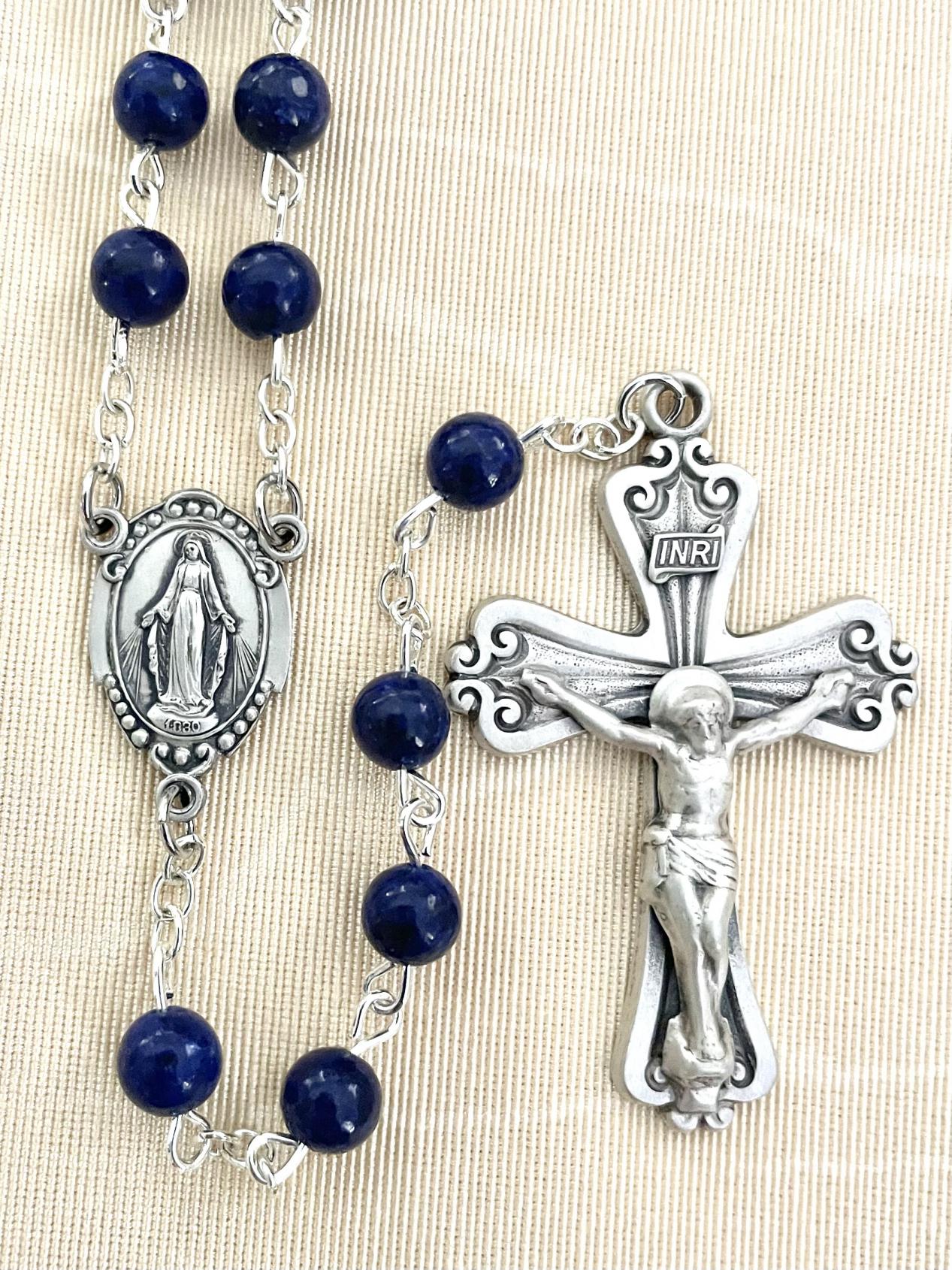 6mm LAPIS GEMSTONE ROSARY WITH STERLING SILVER CRUCIFIX AND CENTER GIFT BOXED