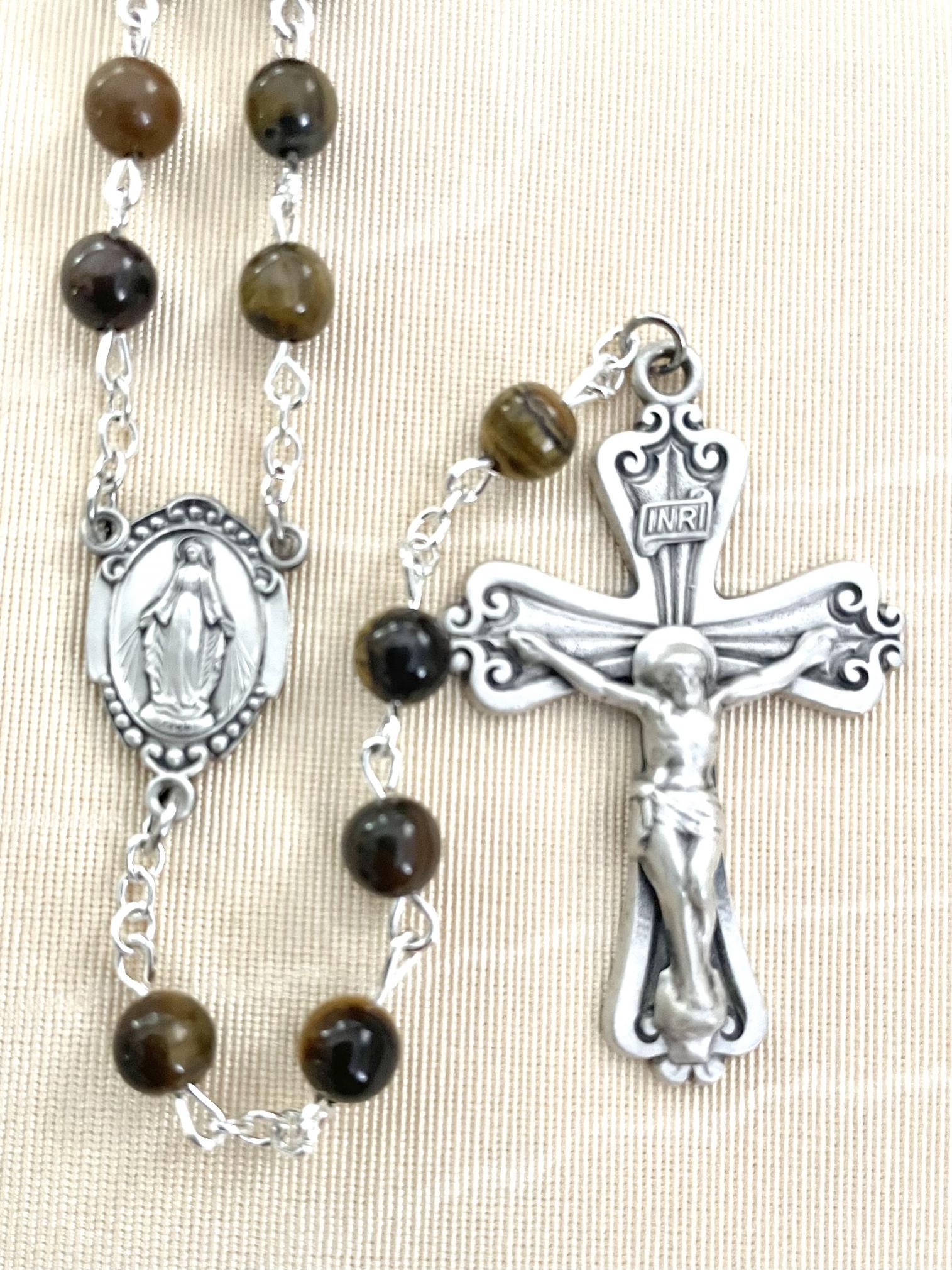 6mm TIGERS EYE GEMSTONE ROSARY WITH STERLING SILVER CRUCIFIX AND CENTER GIFT BOXED