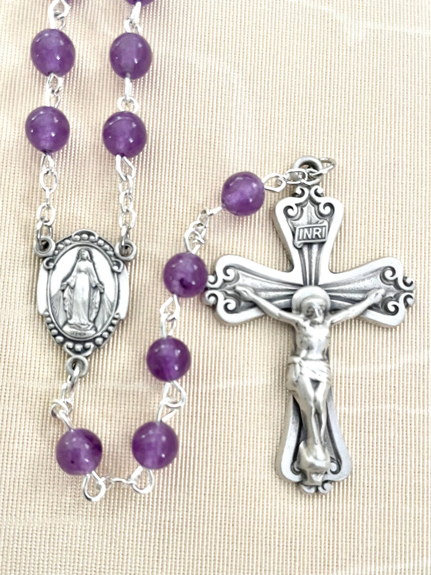 6mm AMETHYST GEMSTONE ROSARY WITH STERLING SILVER CRUCIFIX AND CENTER GIFT BOXED