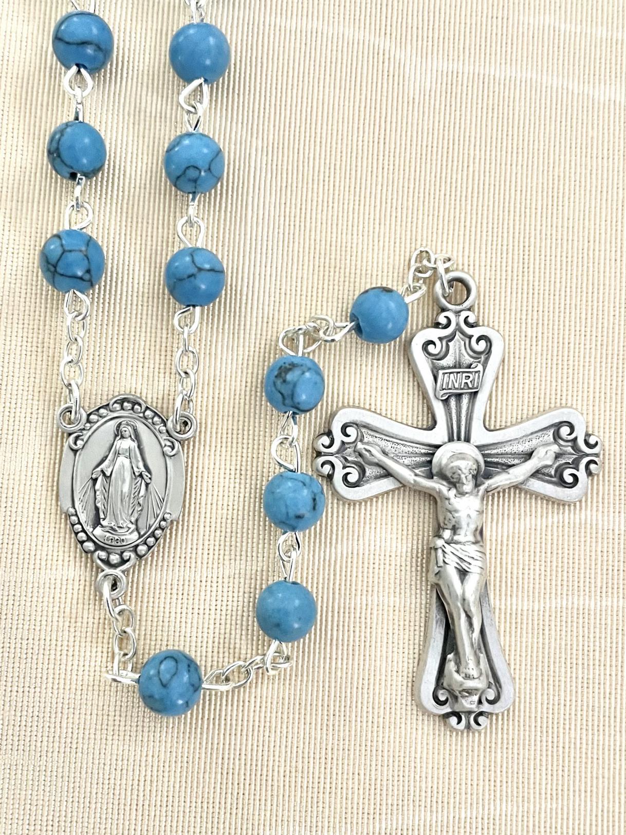 6mm TURQUOISE GEMSTONE ROSARY WITH STERLING SILVER CRUCIFIX AND CENTER GIFT BOXED