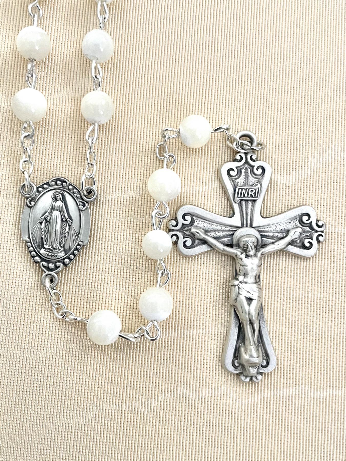 6MM MOTHER OF PEARL GEMSTONE ROSARY WITH STERLING SILVER CRUCIFIX AND CENTER GIFT BOXED