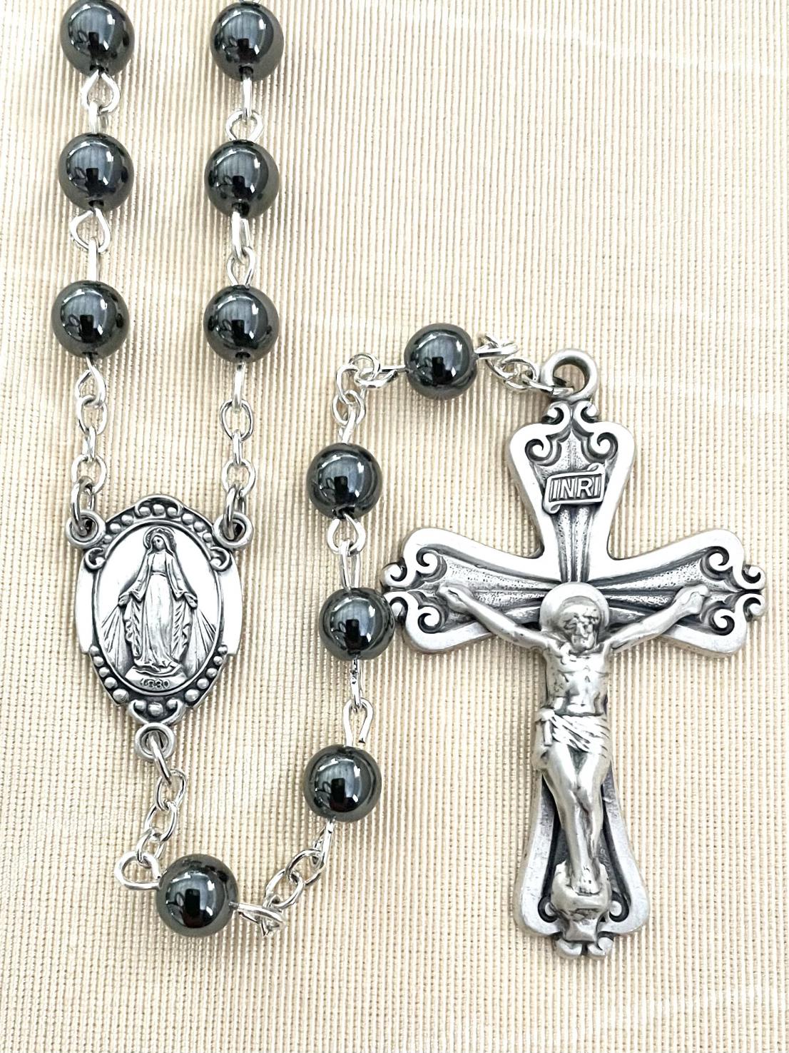 6mm HEMATITE GEMSTONE ROSARY WITH STERLING SILVER CRUCIFIX AND CENTER GIFT BOXED