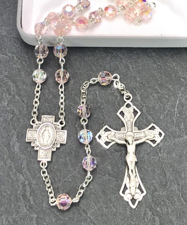 6mm ROUND ROSE TIN CUT AB ALL STERLING SILVER EXCELSIOR ROSARY