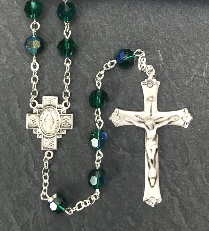 7MM EMERALD TIN CUT AB ALL STERLING SILVER ROSARY