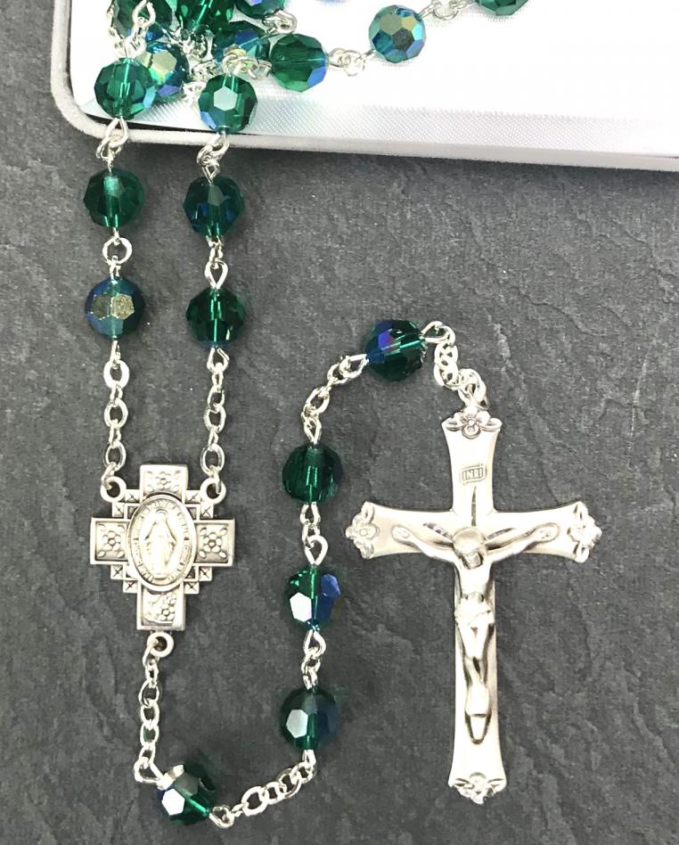 7MM EMERALD TIN CUT AB ALL STERLING SILVER ROSARY