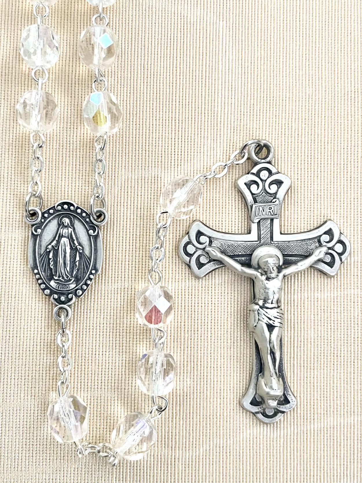 7 mm CRYSTAL AB ROSARY WITH STERLING SILVER CRUCIFIX & CENTER, GIFT BOXED