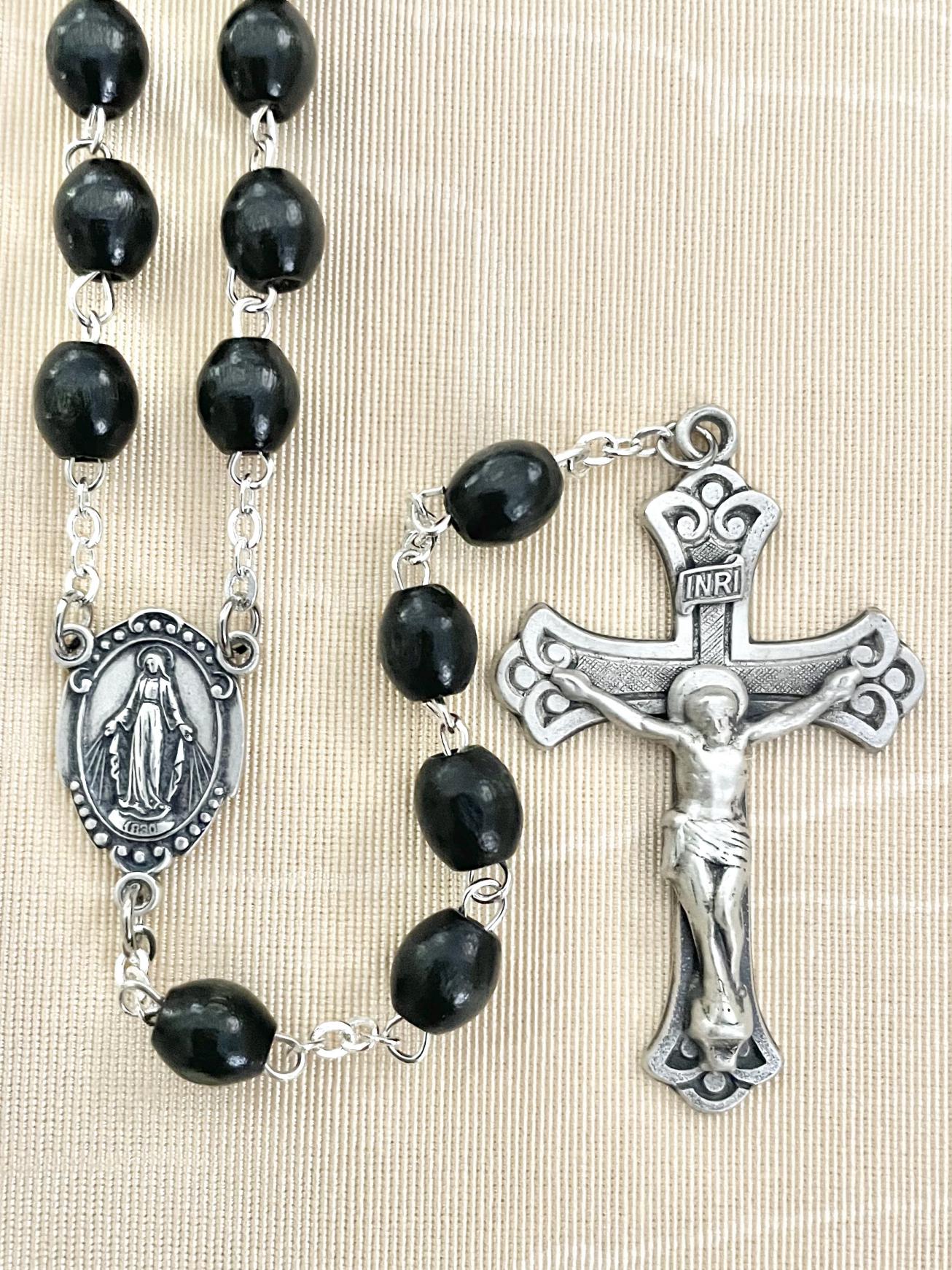8 x 6 mm BLACK WOOD ROSARY WITH STERLING SILVER CRUCIFIX & CENTER, GIFT BOXED