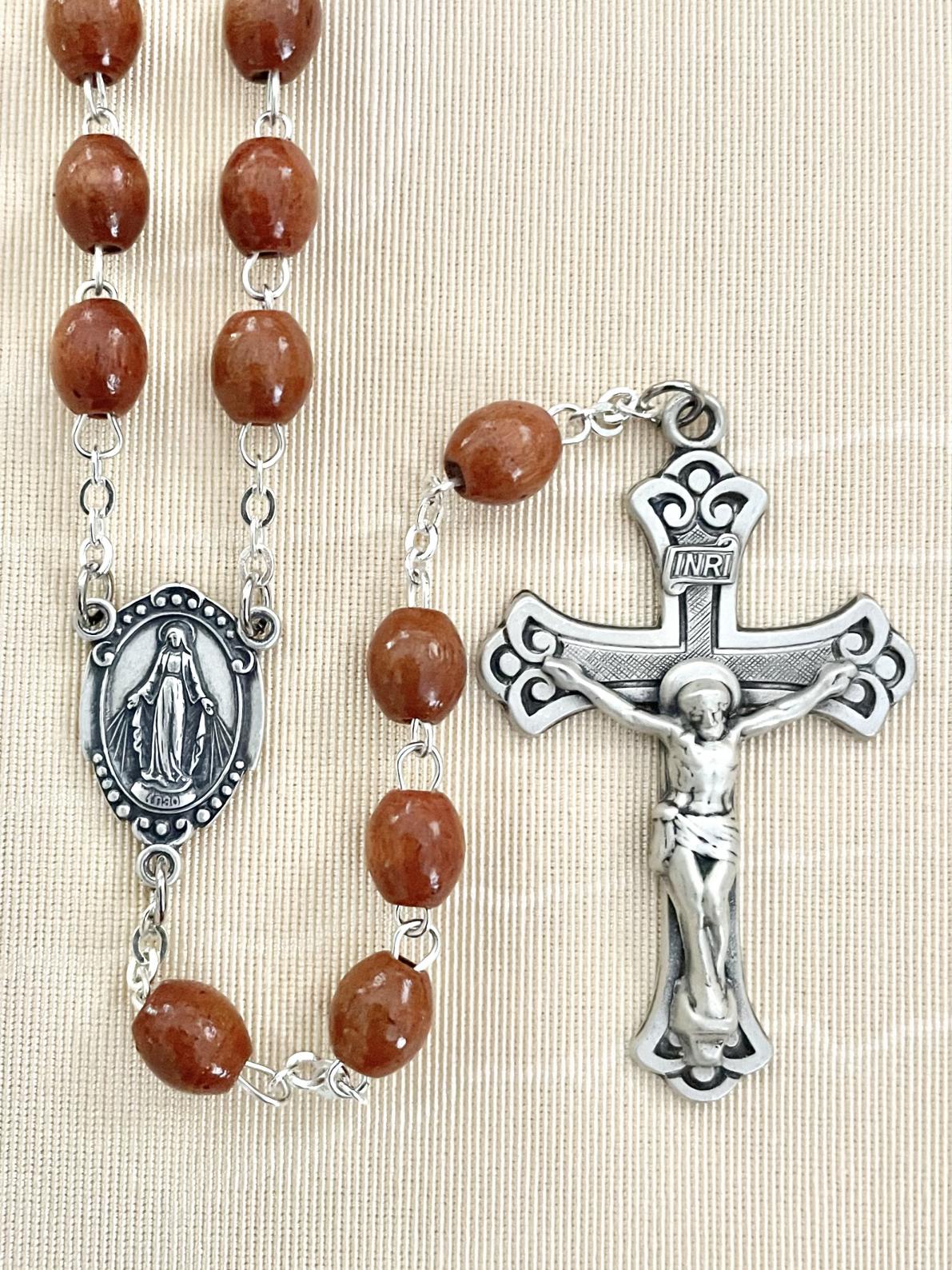 8 x 6 mm BROWN WOOD ROSARY WITH STERLING SILVER CRUCIFIX & CENTER, GIFT BOXED