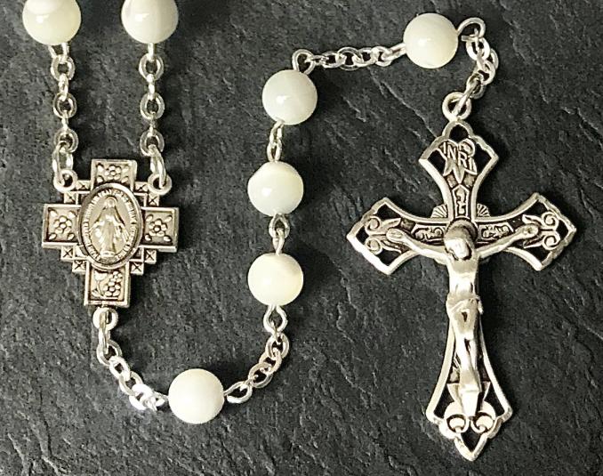 7mm ROUND MOTHER OF PEARL ALL STERLING EXCELSIOR ROSARY WITH STERLING SILVER WIRE, CHAIN, CROSS, & CENTER