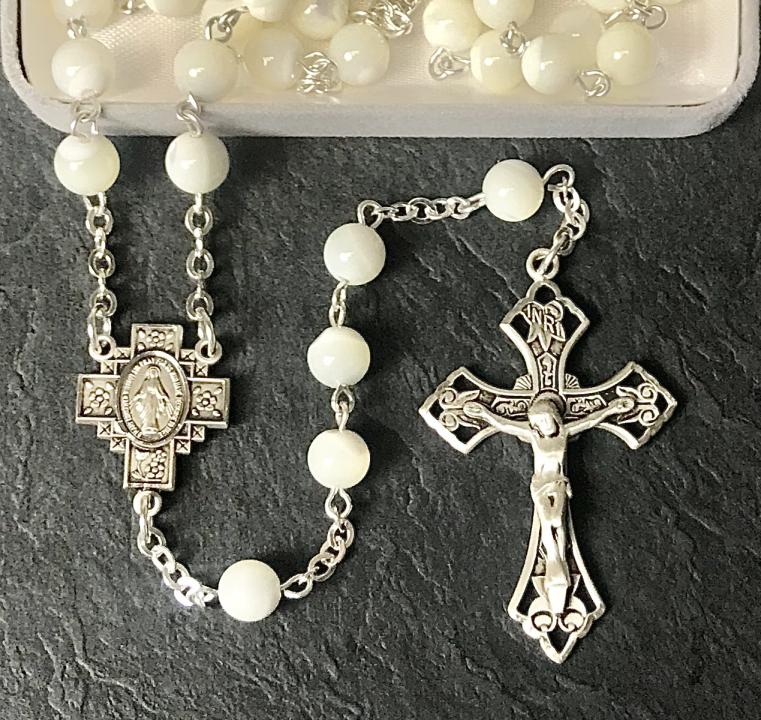 7mm ROUND MOTHER OF PEARL ALL STERLING EXCELSIOR ROSARY WITH STERLING SILVER WIRE, CHAIN, CROSS, & CENTER