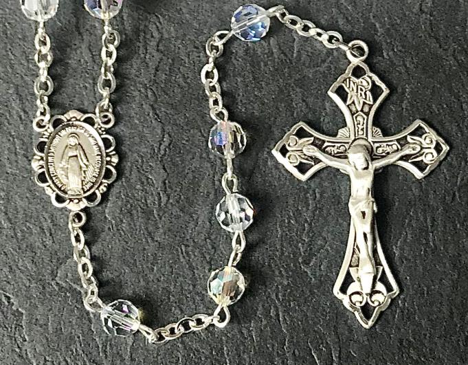 6mm SWAROVSKI CRYSTAL AB ALL STERLING SILVER EXCELSIOR ROSARY WITH STERLING SILVER WIRE, CHAIN, CROSS, & CENTER