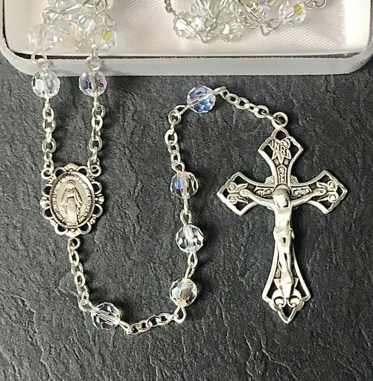 6mm SWAROVSKI CRYSTAL AB ALL STERLING SILVER EXCELSIOR ROSARY WITH STERLING SILVER WIRE, CHAIN, CROSS, & CENTER
