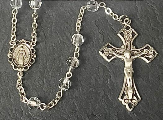 6mm SWAROVSKI CRYSTAL ALL STERLING SILVER EXCELSIOR ROSARY WITH STERLING SILVER WIRE, CHAIN, CROSS, & CENTER