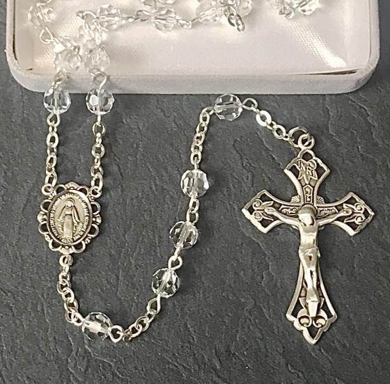 6mm SWAROVSKI CRYSTAL ALL STERLING SILVER EXCELSIOR ROSARY WITH STERLING SILVER WIRE, CHAIN, CROSS, & CENTER
