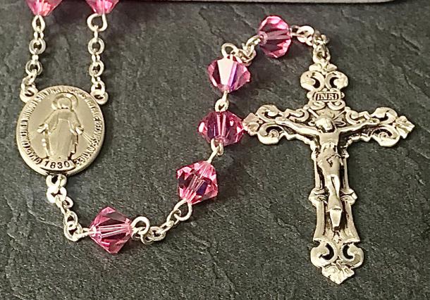 8mm RONDELLE SWAROVSKI ROSE AB ALL STERLING SILVER EXCELSIOR ROSARY WITH STERLING SILVER WIRE, CHAIN, CROSS, & CENTER