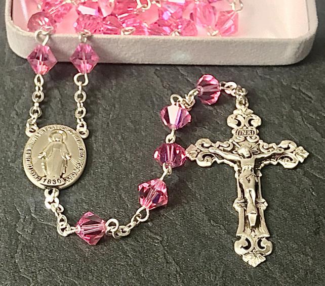 8mm RONDELLE SWAROVSKI ROSE AB ALL STERLING SILVER EXCELSIOR ROSARY WITH STERLING SILVER WIRE, CHAIN, CROSS, & CENTER