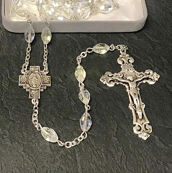 9x6mm OVAL SWAROVSKI CRYSTAL AB ALL STERLING SILVER EXCELSIOR ROSARY WITH STERLING SILVER WIRE, CHAIN, CROSS, & CENTER