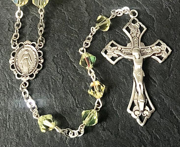 6mm RONDELLE JONQUILLE SWAROVSKI ALL STERLING SILVER EXCELSIOR ROSARY WITH STERLING SILVER WIRE, CHAIN, CROSS, & CENTER