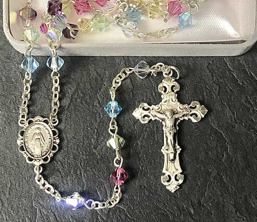 6mm RONDELLE MULTI AB SWAROVSKI ALL STERLING EXCELSIOR ROSARY WITH STERLING SILVER WIRE, CHAIN, CROSS, & CENTER