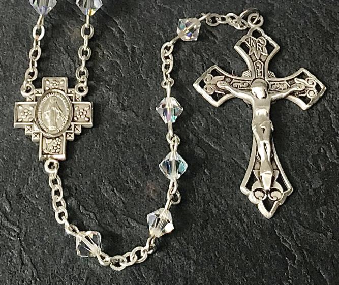6mm RONDELLE SWAROVSKI CRYSTAL AB ALL STERLING EXCELSIOR ROSARY WITH STERLING SILVER WIRE, CHAIN, CROSS, & CENTER
