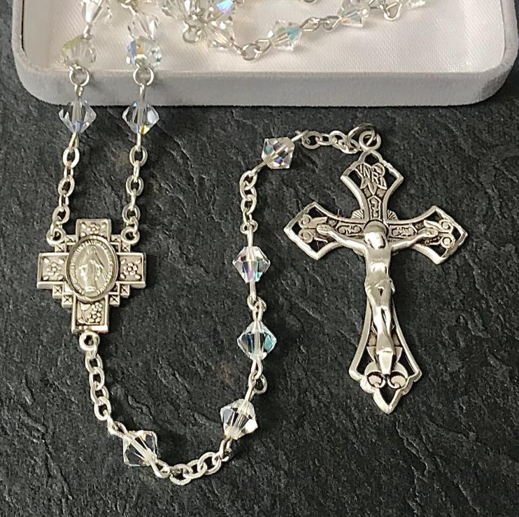 6mm RONDELLE SWAROVSKI CRYSTAL AB ALL STERLING EXCELSIOR ROSARY WITH STERLING SILVER WIRE, CHAIN, CROSS, & CENTER