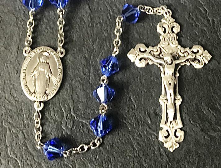 7mm RONDELLE SAPPHIRE SWAROVSKI ALL STERLING EXCELSIOR ROSARY WITH STERLING SILVER WIRE, CHAIN, CROSS, & CENTER