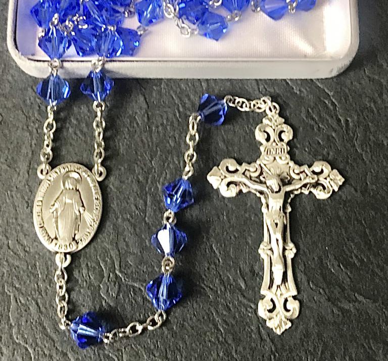 7mm RONDELLE SAPPHIRE SWAROVSKI ALL STERLING EXCELSIOR ROSARY WITH STERLING SILVER WIRE, CHAIN, CROSS, & CENTER
