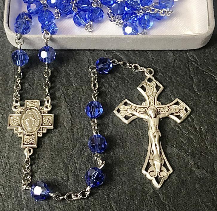 7mm ROUND SAPPHIRE AB SWAROVSKI ALL STERLING EXCELSIOR ROSARY WITH STERLING SILVER WIRE, CHAIN, CROSS, & CENTER