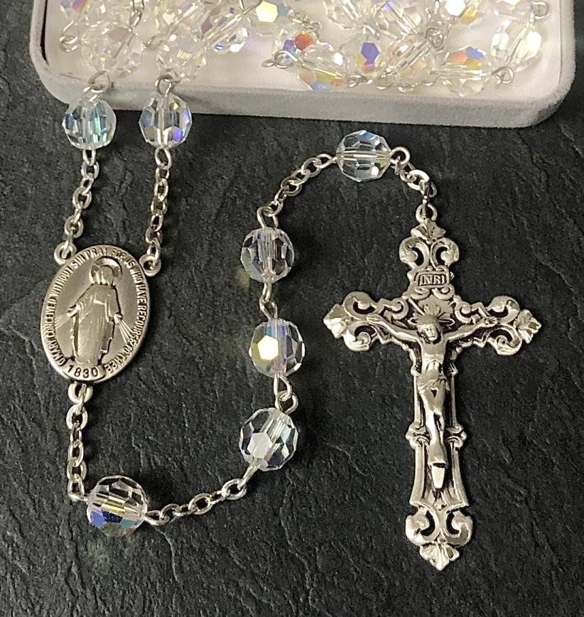 8mm ROUND CRYSTAL AB SWAROVSKI ALL STERLING EXCELSIOR ROSARY WITH STERLING SILVER WIRE, CHAIN, CROSS, & CENTER