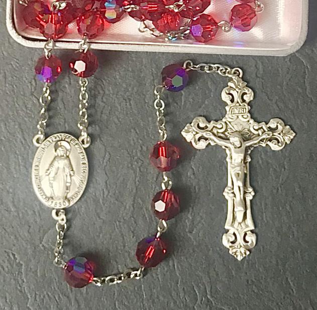 8mm ROUND RUBY AB SWAROVSKI ALL STERLING EXCELSIOR ROSARY WITH STERLING SILVER WIRE, CHAIN, CROSS, & CENTER