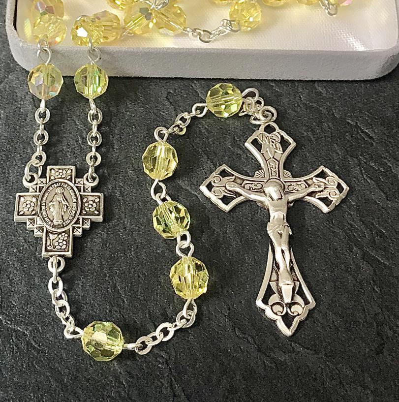 7mm JONQUILLE AB SWAROVSKI ALL STERLING EXCELSIOR ROSARY WITH STERLING SILVER WIRE, CHAIN, CROSS, & CENTER