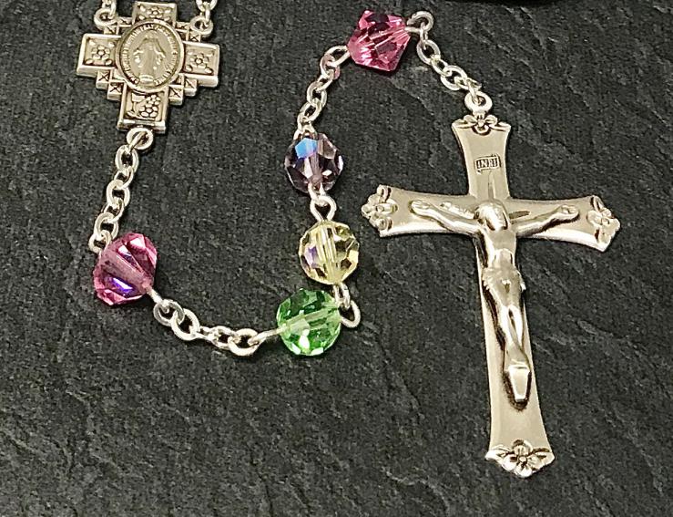 7mm ROUND MULTI AB SWAROVSKI ALL STERLING EXCELSIOR ROSARY WITH STERLING SILVER WIRE, CHAIN, CROSS, & CENTER