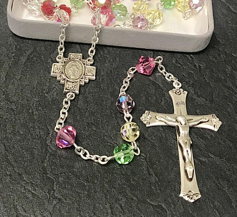 7mm ROUND MULTI AB SWAROVSKI ALL STERLING EXCELSIOR ROSARY WITH STERLING SILVER WIRE, CHAIN, CROSS, & CENTER