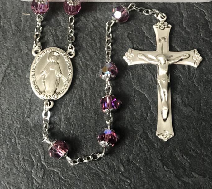 7mm ROUND ROSE AB SWAROVSKI DOUBLE CAPPED ALL STERLING ROSARY WITH STERLING SILVER WIRE, CHAIN, CROSS, & CENTER